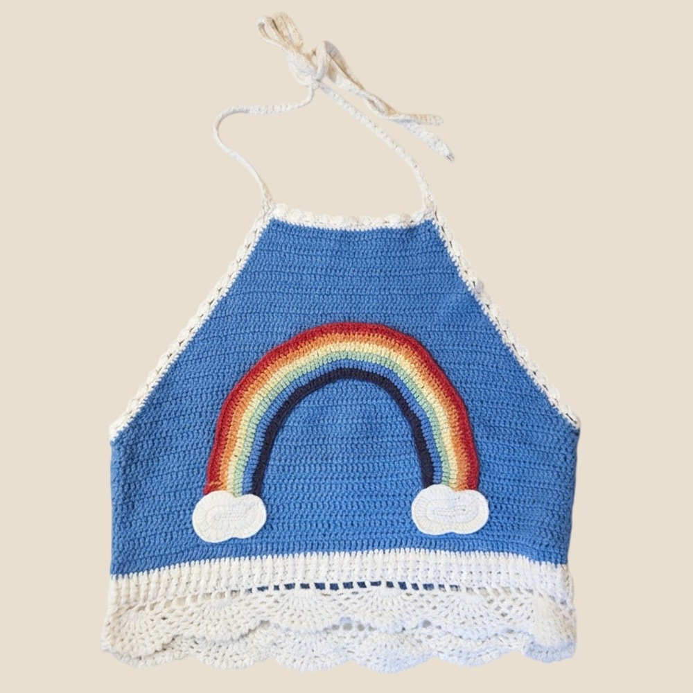 Forever 21 Blue Crochet Halter Top Rainbow Cloud Applique Boho Festival Medium